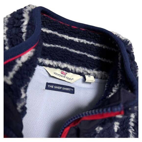 Vineyard Vines SHERPA The Shep Shirt Striped Fleece Blue Jacket Womens Medium - Picture 2 of 6
